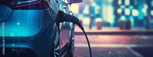 Close-up photo of an electric vehicle charging with blurred background photo