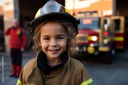Tableau sur toile Portrait of smiling firefighter looking at camera in front of fire engine