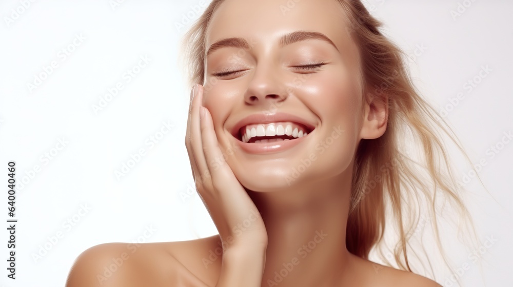 Woman with a radiant smile, showcasing natural beauty and healthy skin in a close-up portrait Woman with a radiant smile, showcasing natural beauty and healthy skin in a close-up portrait