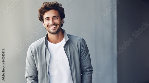 Confident Hispanic businessman with a serious expression standing in a studio, wearing a casual black shirt, looking handsome and smiling