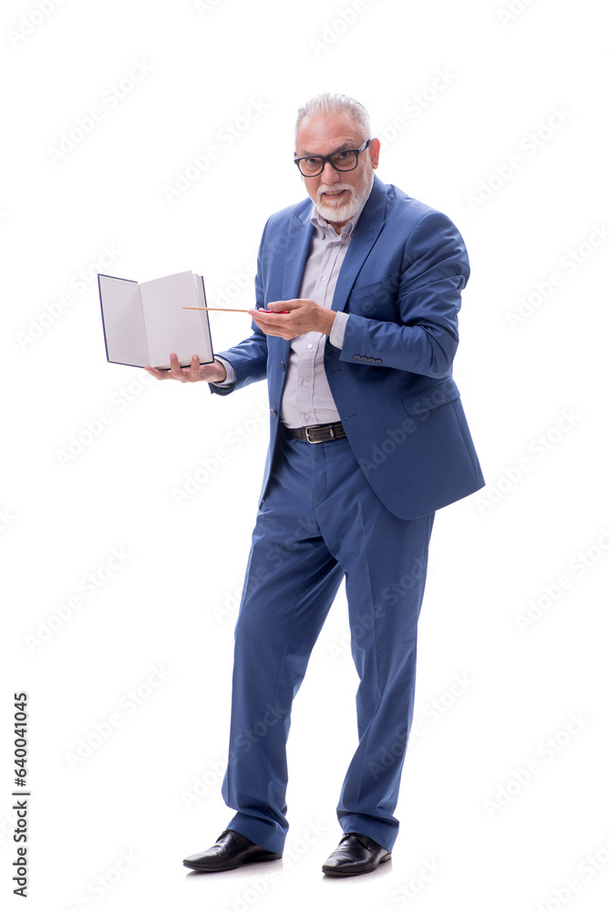 Old businessman holding book isolated on white Old businessman holding book isolated on white