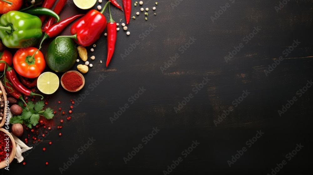 Peppers and taco ingredients isolated on dark wood background with space for text