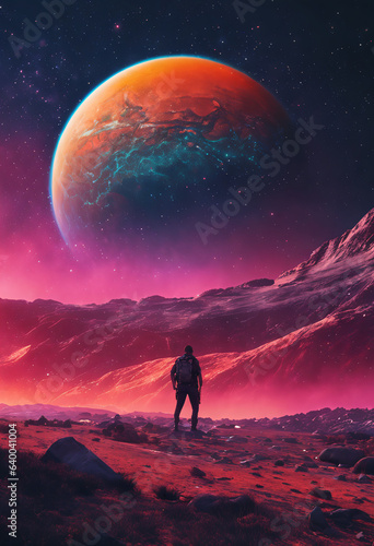 Illustrative image of a man observing a red planet , Generative AI