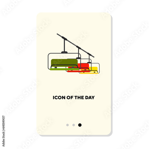 Colorful chairs on ski lift or cable car ropeway flat icon. Vertical sign or vector illustration of professional skiing or winter resort element. Sports, activity, lifestyle for web design and apps