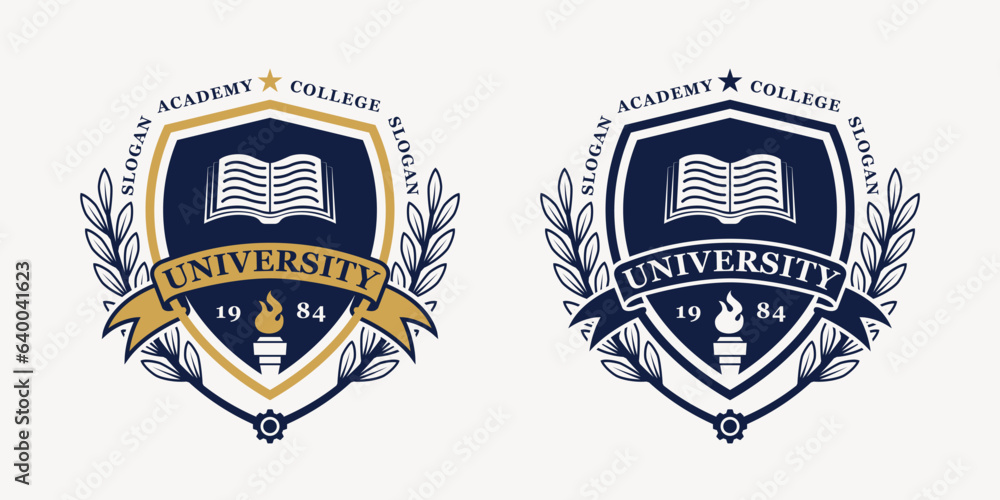 University logo shield emblem badge template vector design illustration in gold and blue color