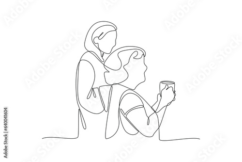 Continuous one line drawing Concept of Neighbors sharing things and helping each other. Doodle vector illustration.