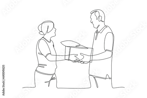 Continuous one line drawing Concept of Neighbors sharing things and helping each other. Doodle vector illustration.