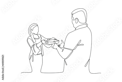 Continuous one line drawing Concept of Neighbors sharing things and helping each other. Doodle vector illustration.