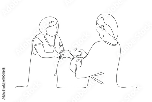 Continuous one line drawing Concept of Neighbors sharing things and helping each other. Doodle vector illustration.