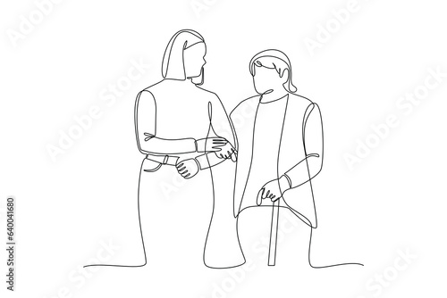Continuous one line drawing Concept of Neighbors sharing things and helping each other. Doodle vector illustration.