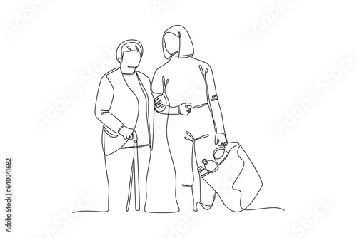 Continuous one line drawing Concept of Neighbors sharing things and helping each other. Doodle vector illustration.