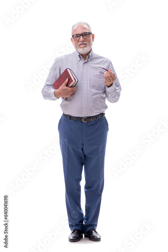 Old boss holding books isolated on white