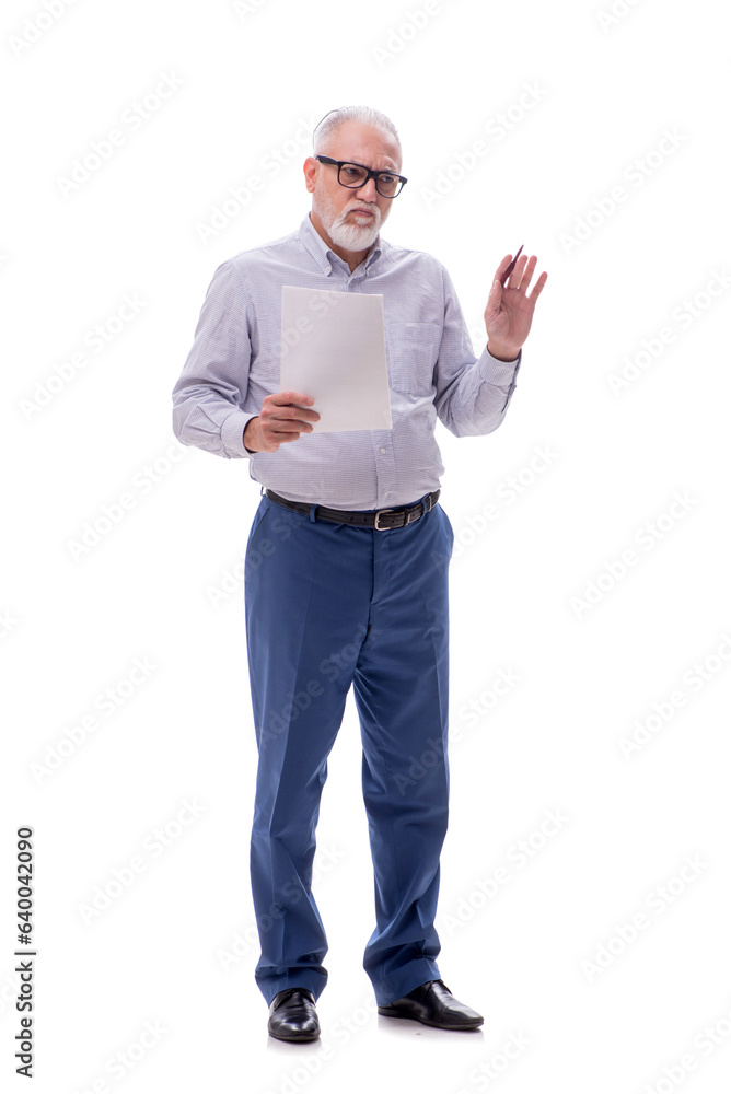 Old businessman reading paper isolated on white Old businessman reading paper isolated on white