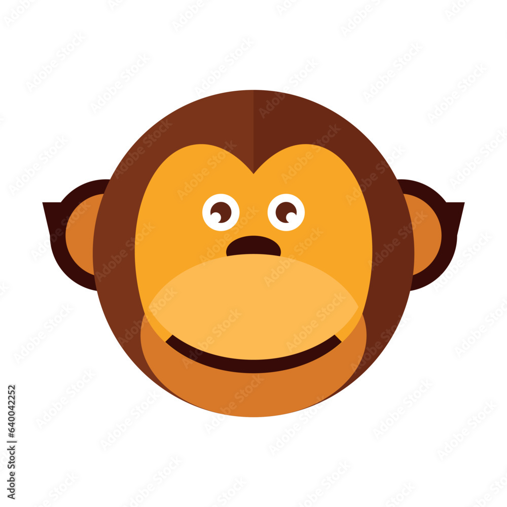 Head of funny sly monkey. Muzzle of wild animal cartoon illustration. Wildlife and zoo concept. Sketchy geometric character, mascot. Colored flat vector isolated Head of funny sly monkey. Muzzle of wild animal cartoon illustration. Wildlife and zoo concept. Sketchy geometric character, mascot. Colored flat vector isolated
