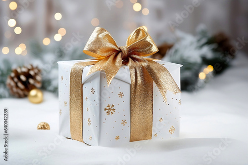 Christmas white gift box with golden ribbon. photo