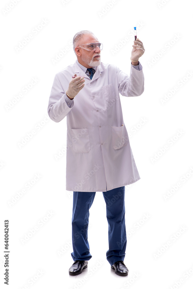 Old male chemist isolated on white Old male chemist isolated on white