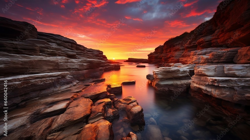 Fiery sunset casting warm hues on rocky cliffs
