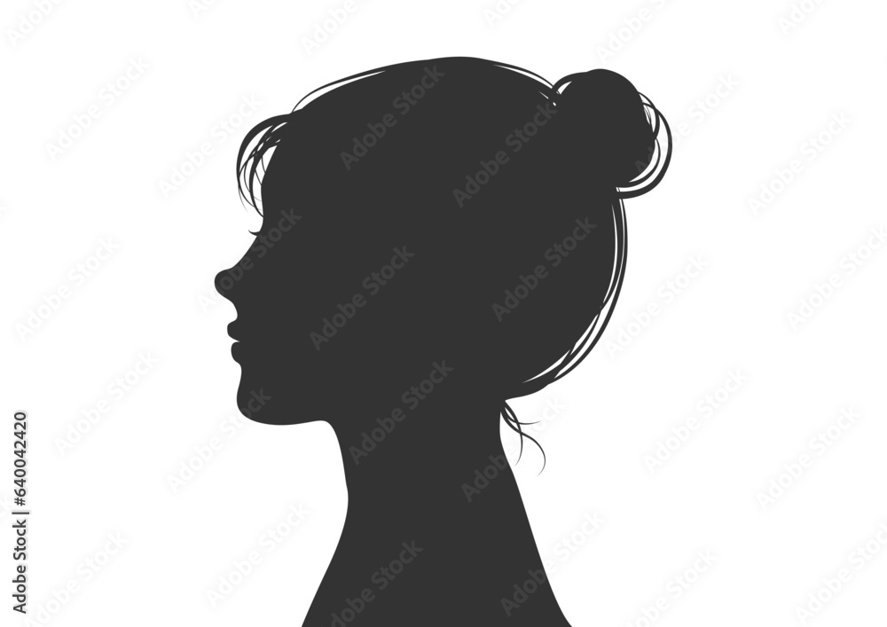 アップヘアの日本人女性の横顔のシルエット 上半身顔アップ バストアップのイラスト