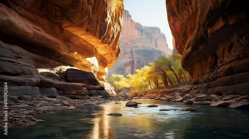 Sunlit canyon walls with a gentle river below 