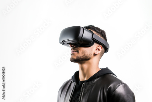 Man wearing virtual reality VR glasses, VR headset and trying to touch something with his hand while standing on white background. © NaphakStudio