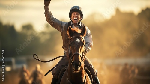 Fotografia Jockey urging their horse to victory at the racetrack