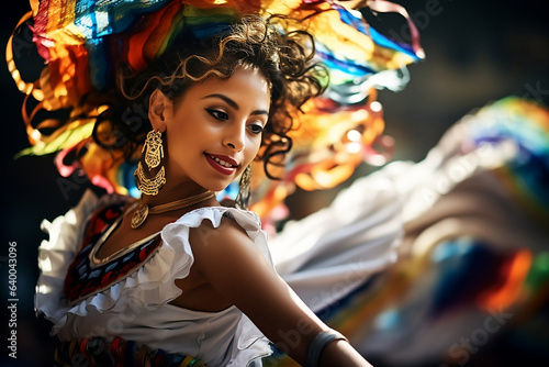 hispanic dancer in colorful costume performing