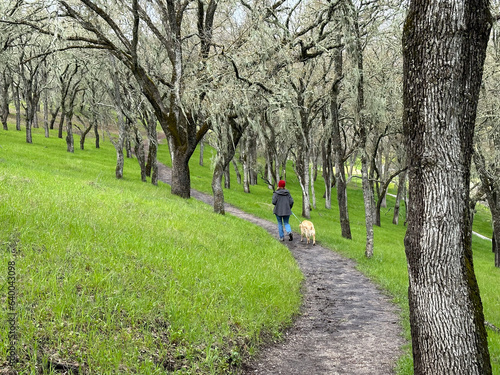 Woman walking down dirt path with dog on leash in wooded forest and green hills