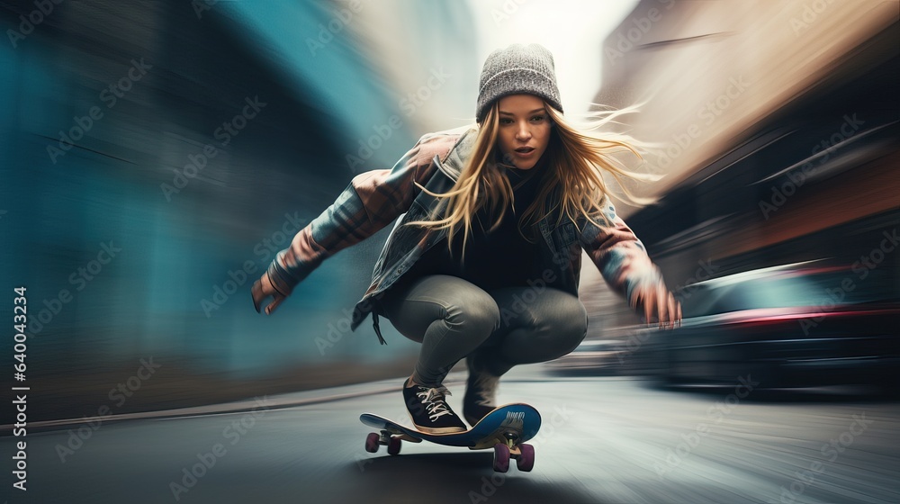 Naklejka premium Young Caucasian woman skateboarding fast down a street, motion blur