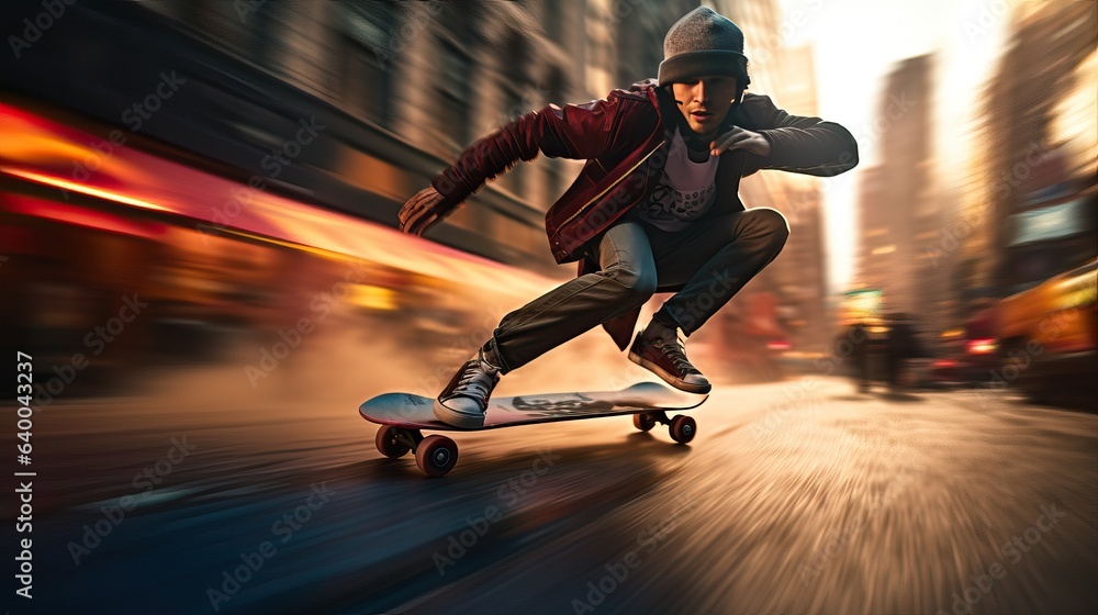 Man skateboarding fast down a street, motion blur