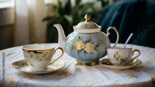 Teapot and teacup on an embroidered tablecloth