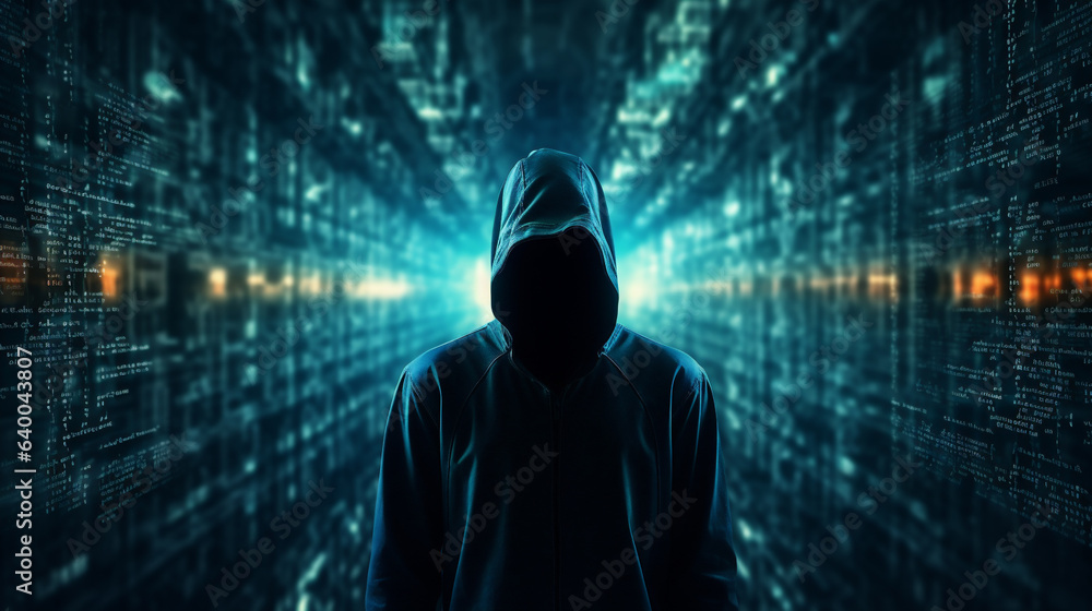 Hacker with hood on his head against binary code background Stock ...