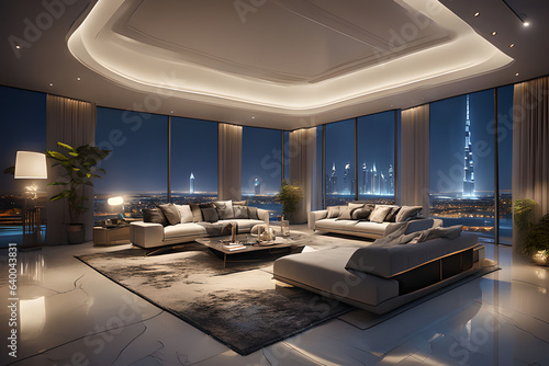 Luxurious penthouse in Dubai. Modern living room with night city view