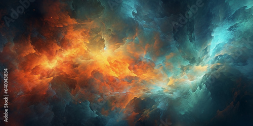 Abstract dramatic watercolor cloudscape background with orange and cyan clouds. Generative AI 