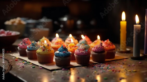 Yummy cupcake with butter cream and burning candle on wooden table against dark background