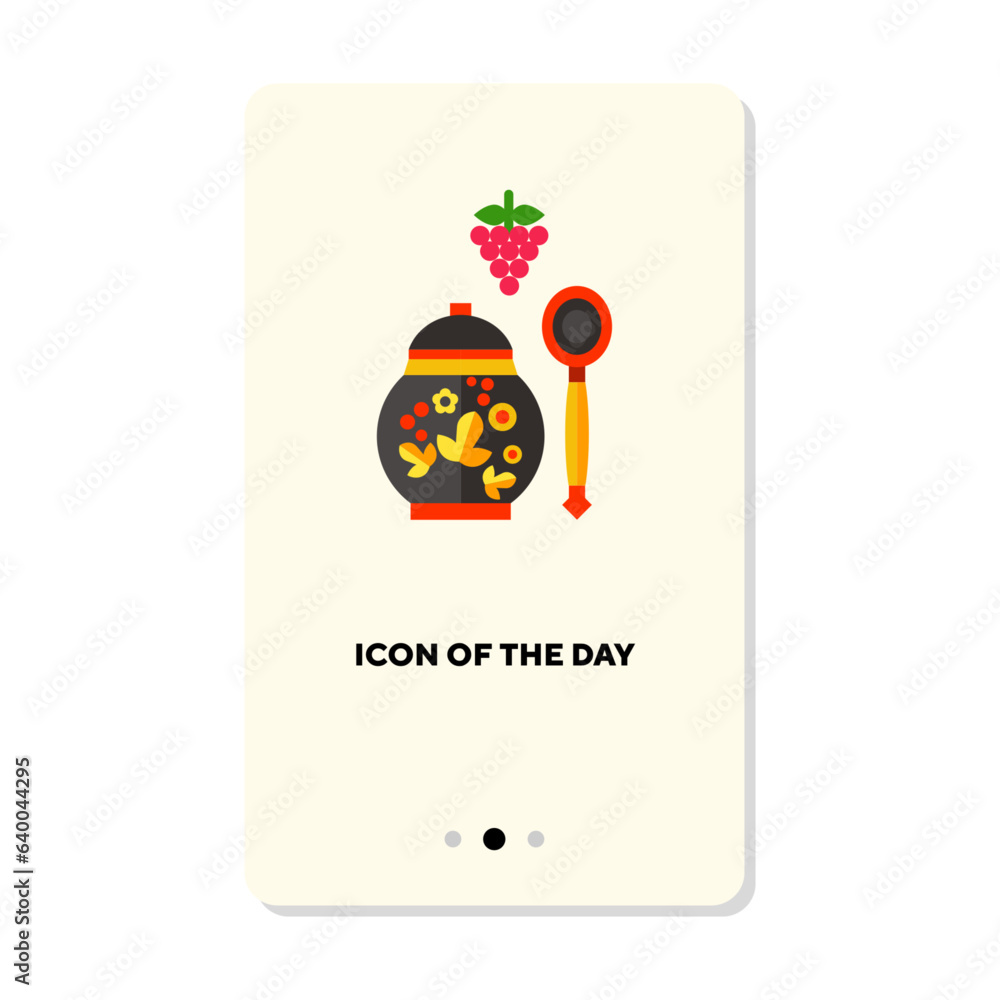 Khokhloma ornament on kitchen utensils flat vector icon. Traditional Russian pots and spoons with pattern isolated vector illustration. Slavs culture and ethnicity concept for web design and apps