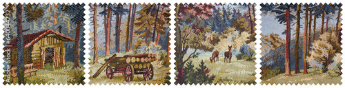 Patchwork of an old grandmother's rug with a forest house, a cart with firewood, deer and trees, cut with zigzag scissors