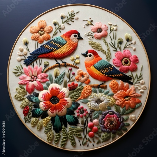 a colorful embroidery art work with birds and flowers