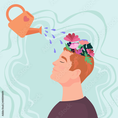 Man with flowers and leaves in his head, watering plants symbolizing practicing mindfulness. Vector illustration