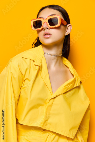 woman fashion young trendy sunglasses attractive beautiful lifestyle yellow smile girl