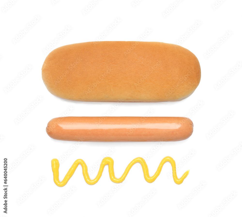 Bun, sausage and mustard isolated on white, top view. Ingredients for hot dog Bun, sausage and mustard isolated on white, top view. Ingredients for hot dog