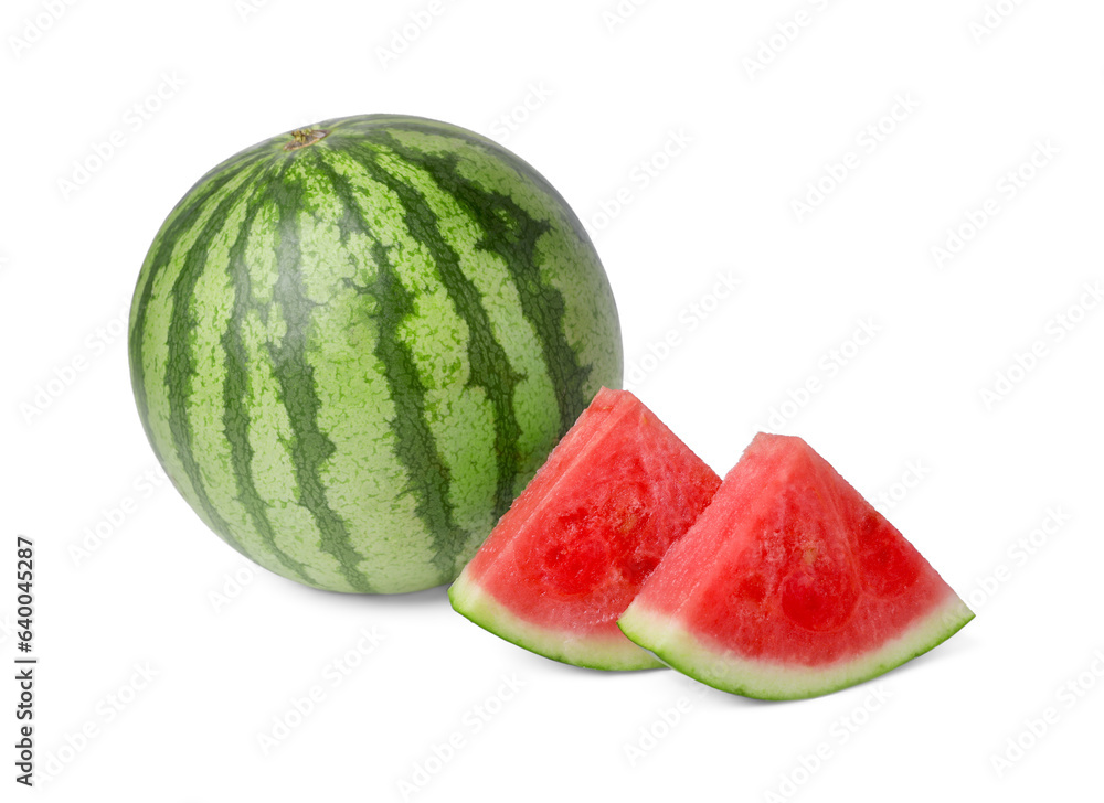 Delicious cut and whole ripe watermelons on white background Delicious cut and whole ripe watermelons on white background