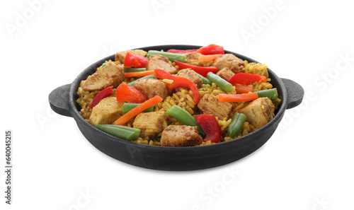 Serving pan of delicious rice with chicken and vegetables isolated on white