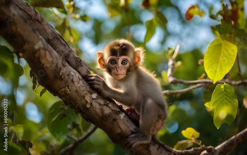 cute baby monkey keeps watching with eyes wide open on the tree in nature, AI generated