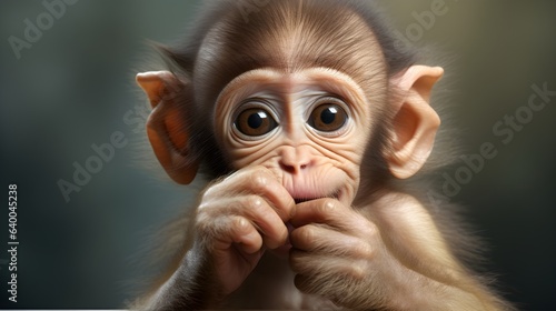 cute baby monkey keeps watching with eyes wide open, AI generated © shustrilka