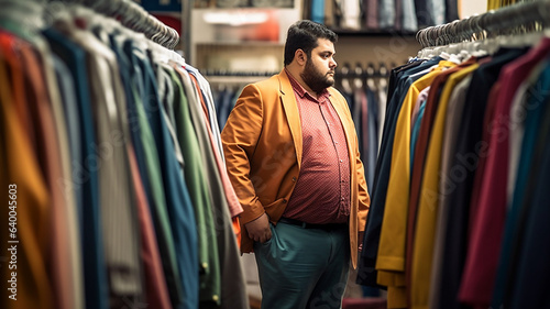 肥満・プラスサイズの男性が洋服屋で服を選んでいる（Generative AI） 