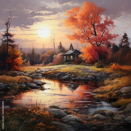 Autumn Sunset Landscape River