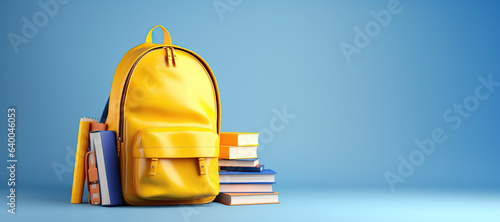 Yellow backpack on a blue background. School stationery, stationery, books, notebooks. Preparation for school. Back to school. Banner.