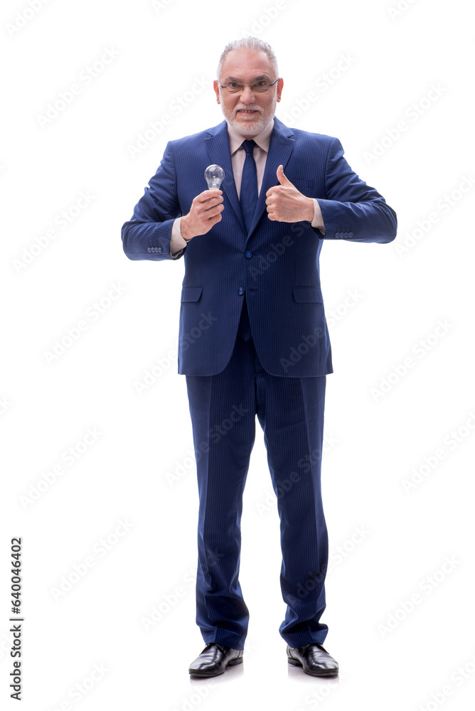 Old businessman in happy idea concept isolated on white Old businessman in happy idea concept isolated on white