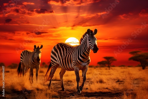 African zebras at beautiful orange sunset in the Serengeti National Park. Tanzania. Wild nature of Africa  AI generated