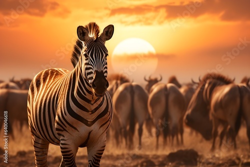 African zebras at beautiful orange sunset in the Serengeti National Park. Tanzania. Wild nature of Africa  AI generated